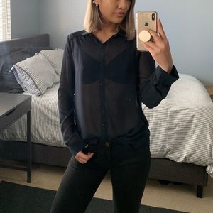 Zara Navy Button Up with Faux Leather Collar